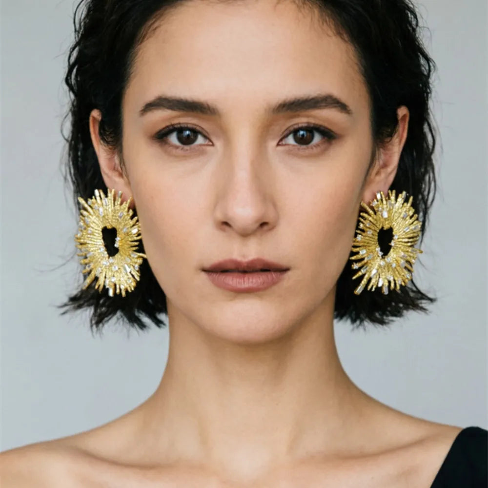 Metal Alloy Round Rhinestone Sunshine Charms Earrings — Gold | KIMLUD
