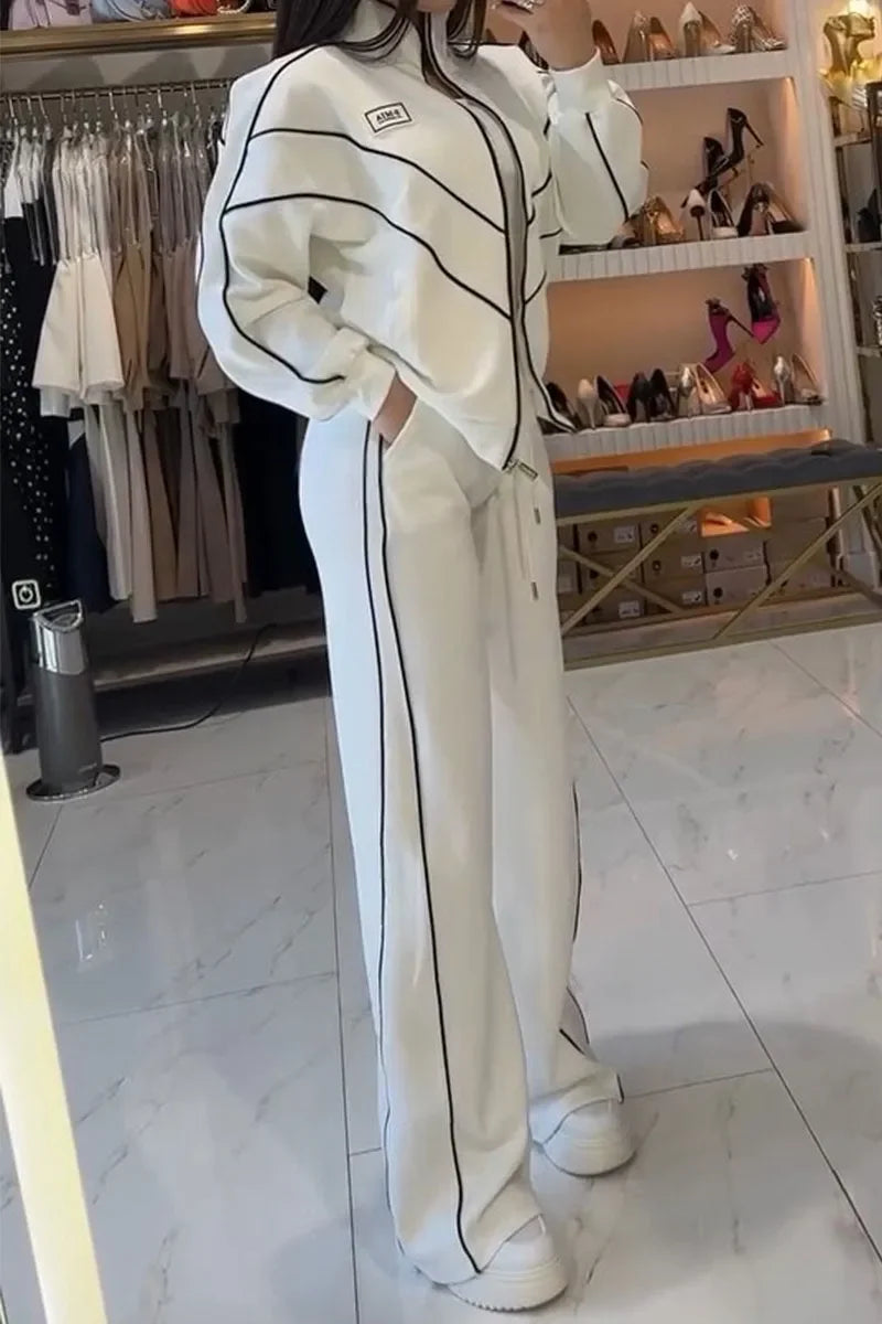 Polyester-Blend Knit Two-Piece Set With Black Piping Zip Sweatshirt And Long Pant — White | KIMLUD
