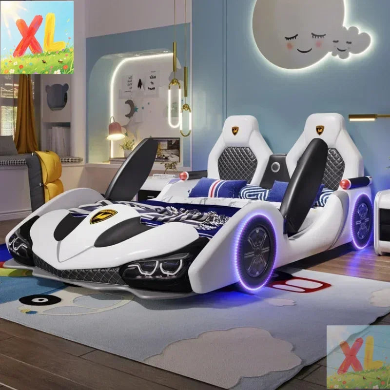 Children's Bed Boys and Girls 1.8m New Creative Cartoon Car Bed 1.5m Princess Leather Bed with Guardrail Blue