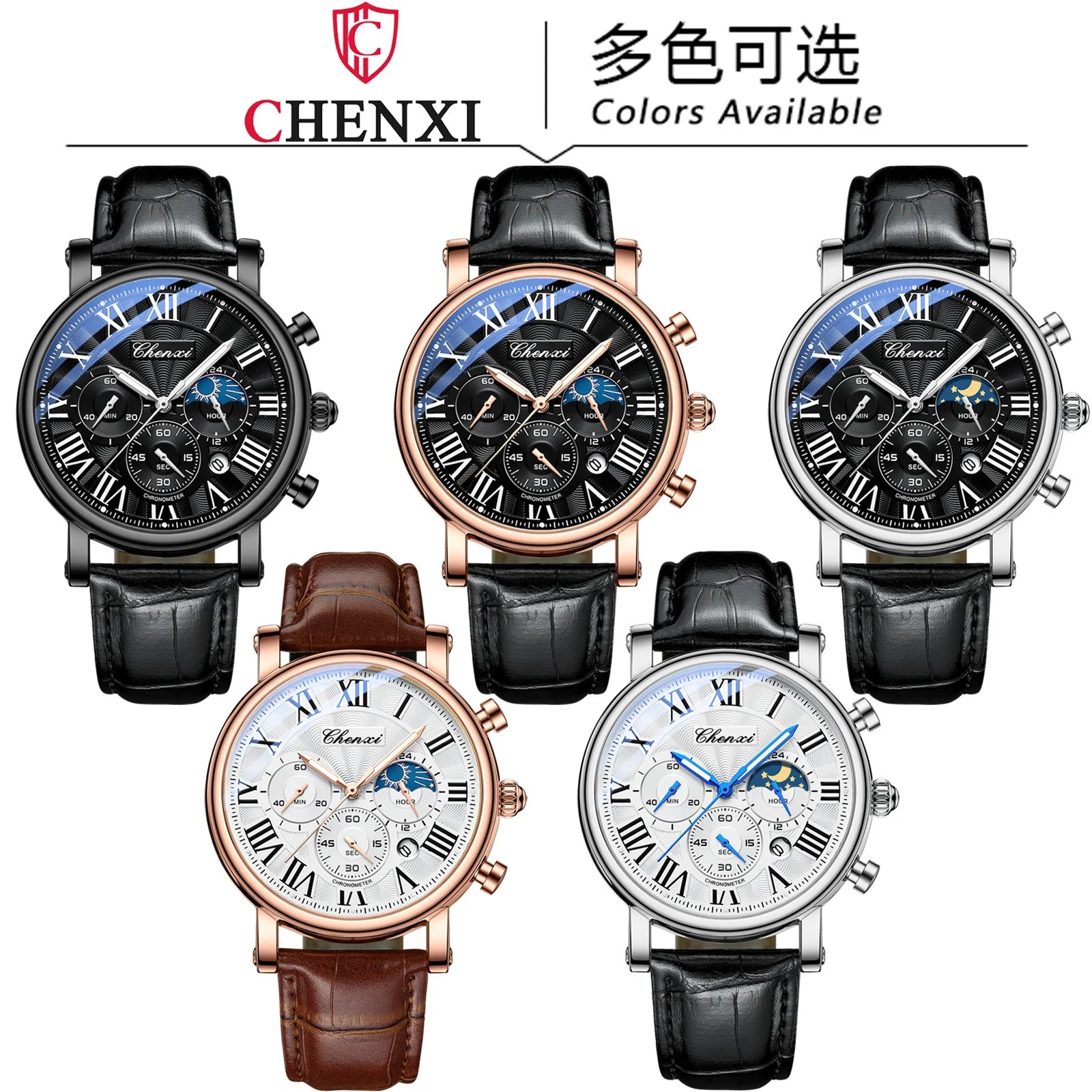 Leather Multi-Function MoonPhase Wristwatch — Black | KIMLUD