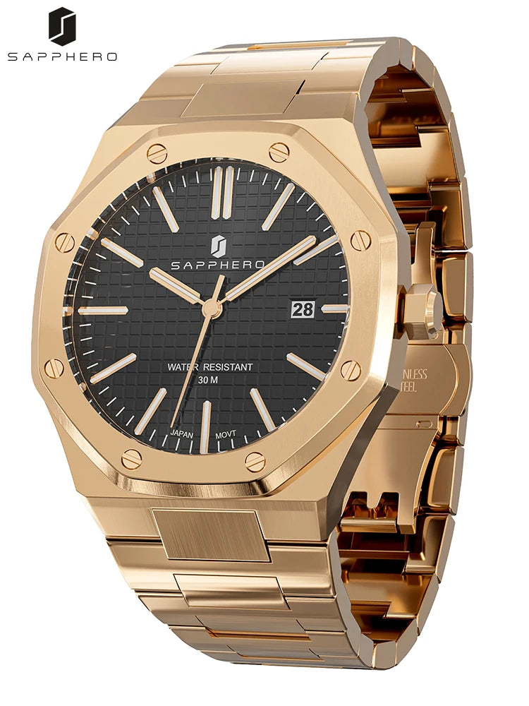 SAPPHERO Rose gold Men watches 30M waterproof stainless steels watches Quartz Watch  Men Business Fashion watches for men watche
