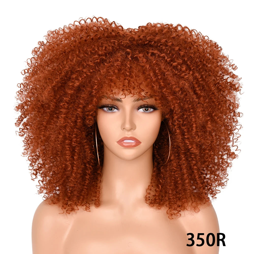 Afro Kinky Curly Hair Wigs With Bangs — Natural Brown Mixed | KIMLUD