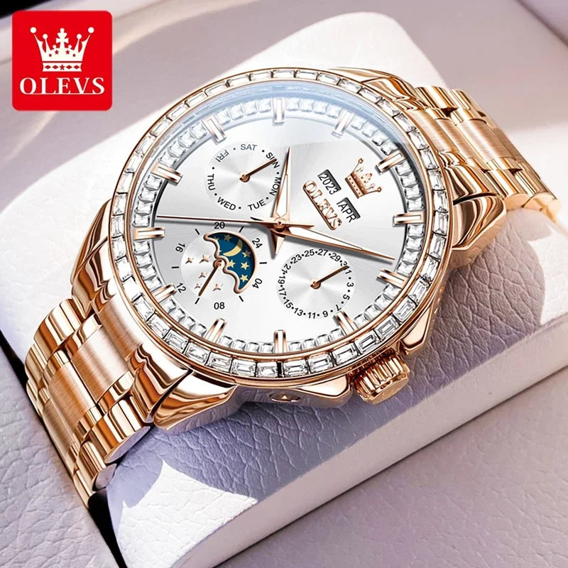 OLEVS 6695 NEW Men's Watches Full Multifunctional Dial Blue Leather Strap Calendar Week Moon Phase Waterproof Wristwatch