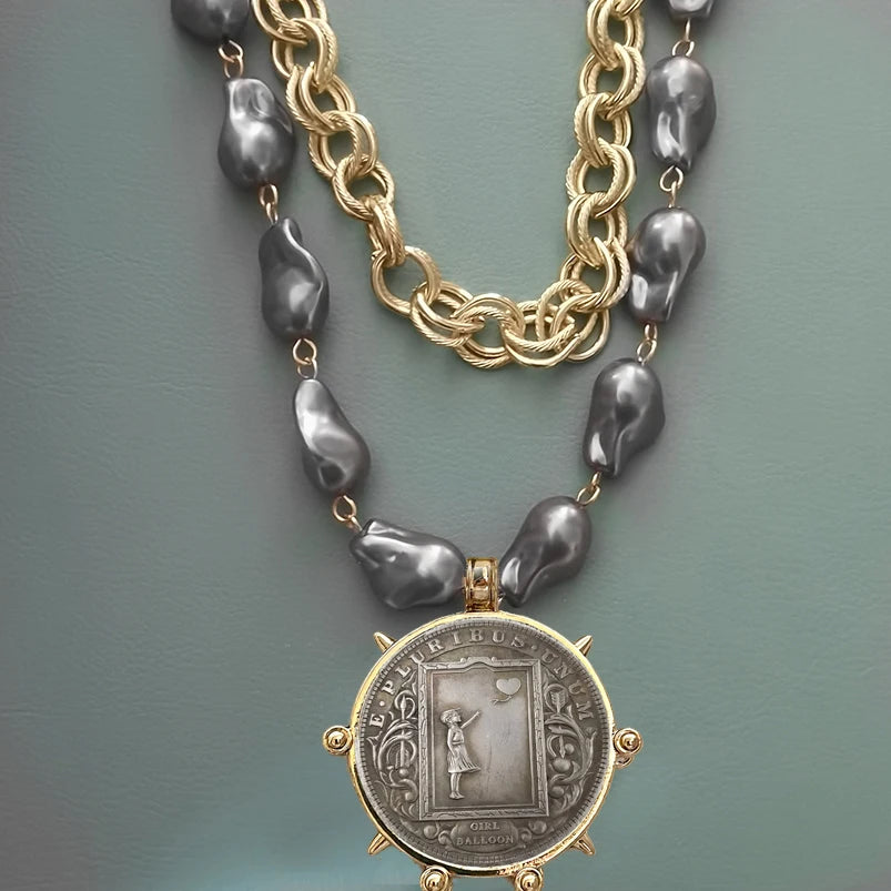 Choker Necklace - Coin Charm Pendant - Cubic Zirconia - Grey | KIMLUD
