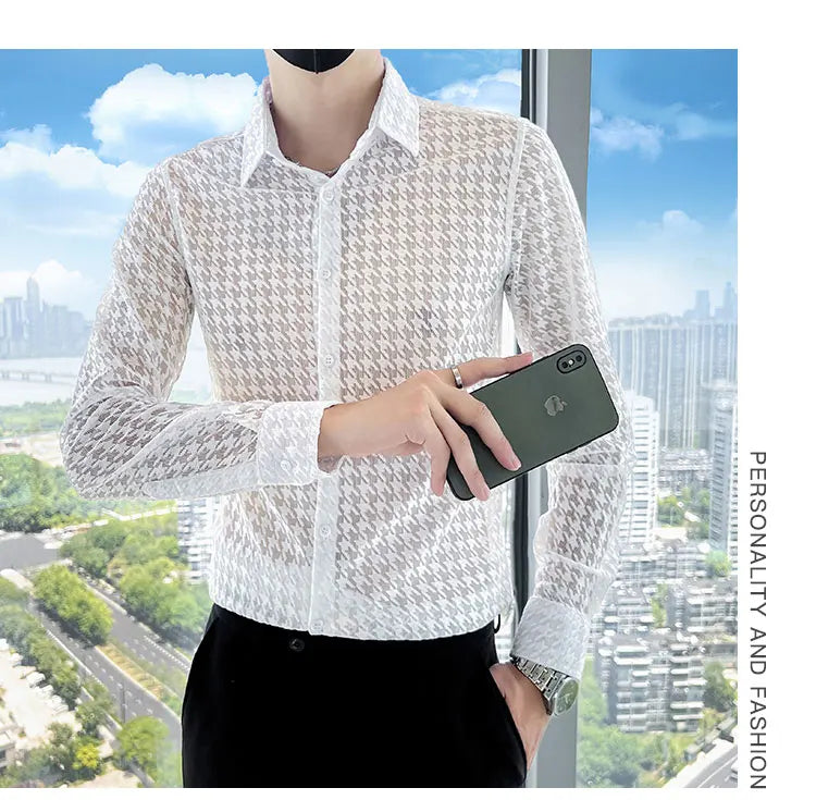 Mesh Transparent Long Sleeve Shirt Plaid Print, See-Through Mesh Texture, Sleek Slim Fit — Black | KIMLUD