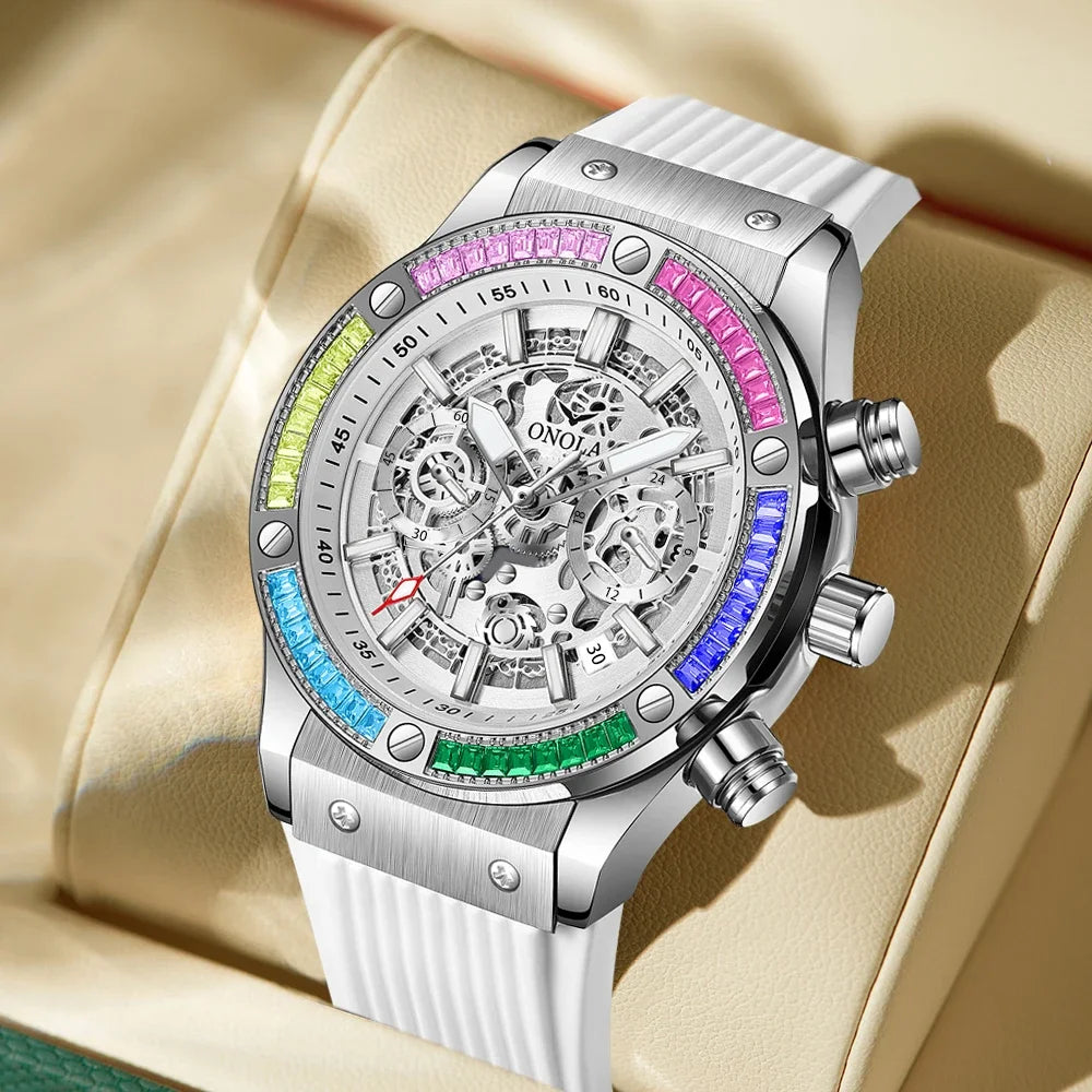 Silicone Strap Rainbow Diamond Watch 45mm Hardlex Dial, Date, Luminous Hands, 3Bar Water Resistant — Rainbow | KIMLUD