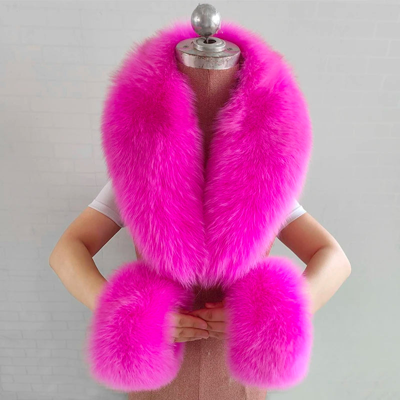 Fox Fur Solid Scarf And Cuff Set For Winter — Green | KIMLUD