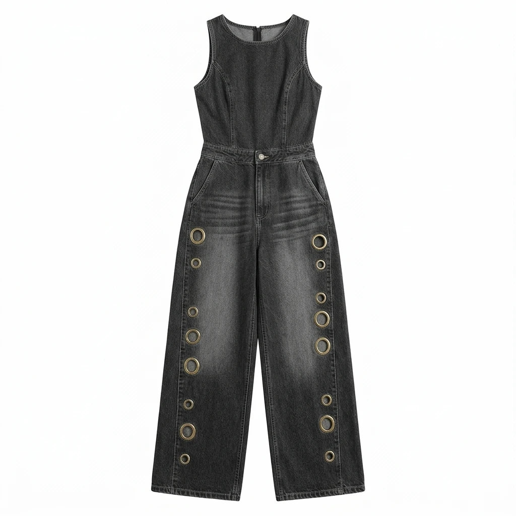 Denim Jumpsuit Eyelet Wide-Leg Pockets — Denim Blue | KIMLUD