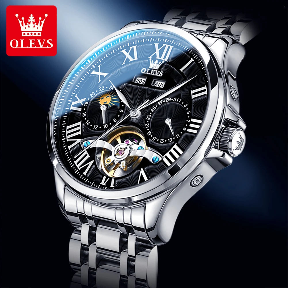 Stainless Steel Watch Moon Phase Automatic — Silver | KIMLUD