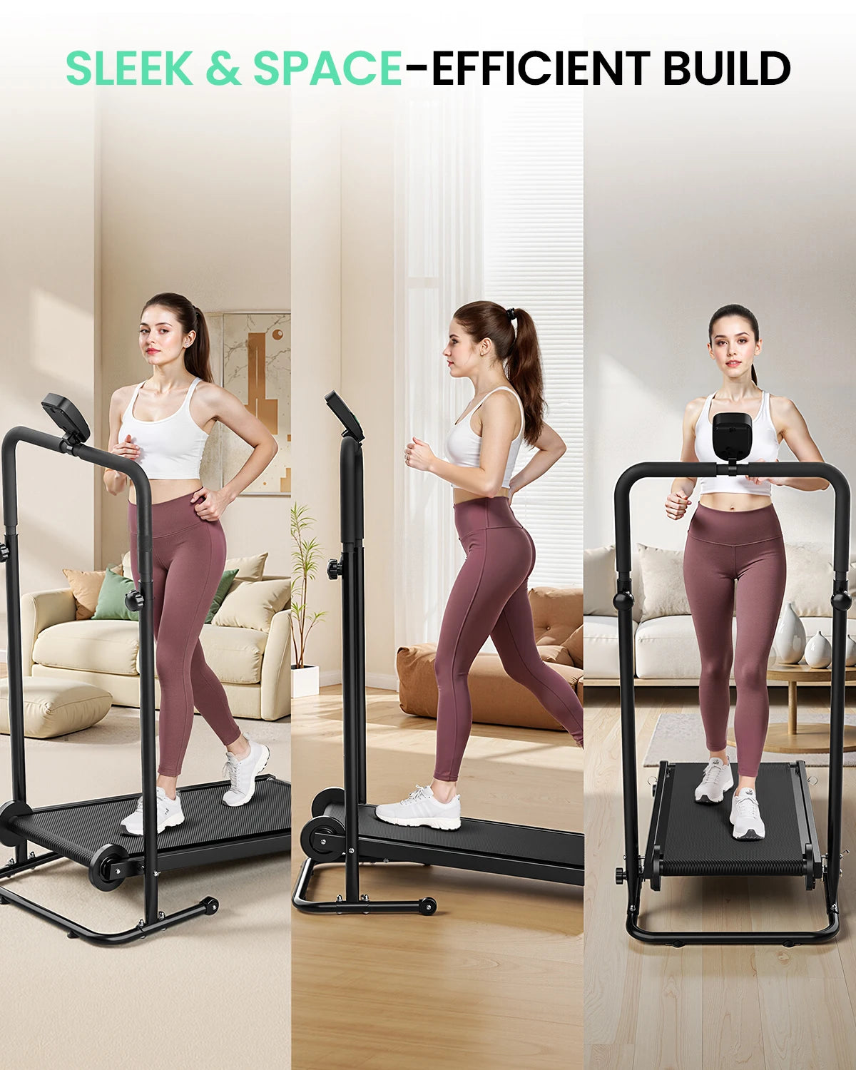 Motorless Treadmill Dual Flywheels LCD Monitor Non Slip Belt Fixed Incline — Black | KIMLUD