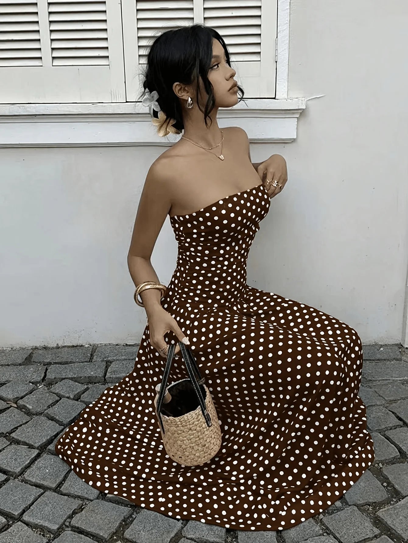 Polyester Polka Dot Maxi Vest Dress — Brown | KIMLUD