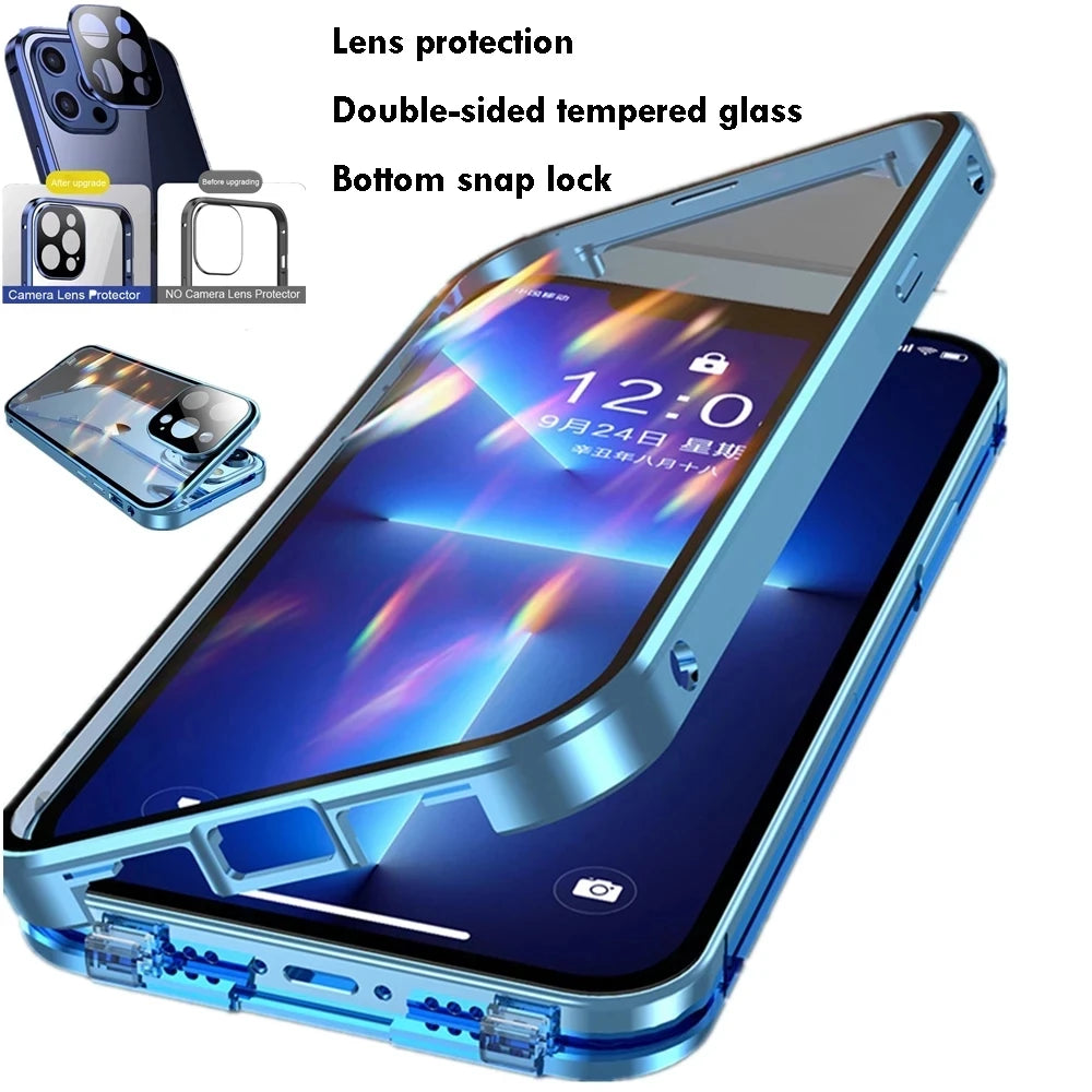 360 Full Protection Metal Magnetic Double Sided Glass Snap Lock Case For iPhone 17 16 15 14 12 13 Pro Max Lens Protection Cover