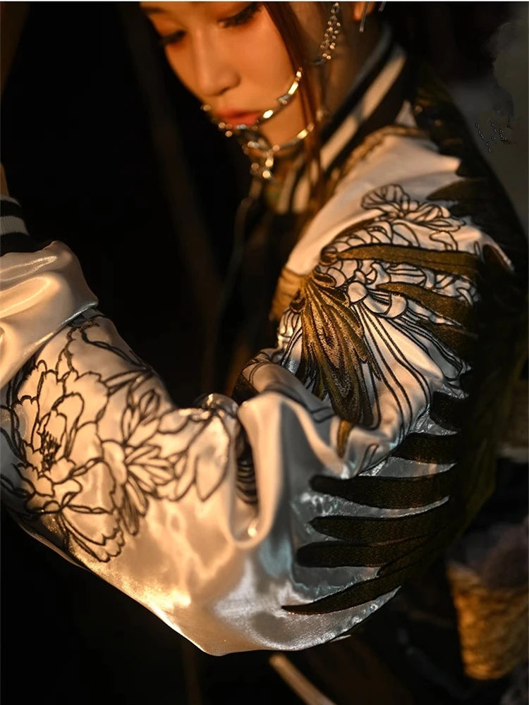 Polyester Sukajan Jacket Hand-Painted Dragon, Phoenix And Peony Embroidery Across Chest — Black | KIMLUD
