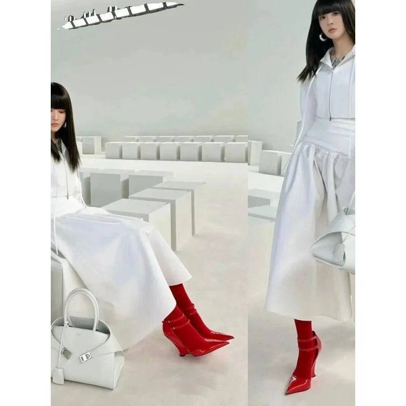 Wedge Pumps Mary Jane Buckle Strap — Red Cherry | KIMLUD