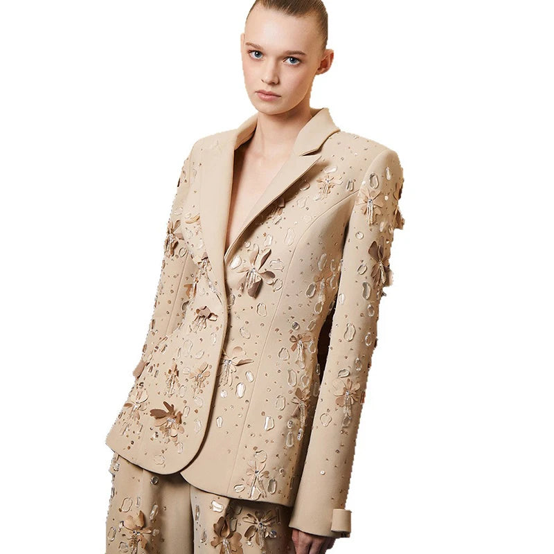 Beaded Flower Two-Piece Suit Set – Laminated Fabric – Slim | KIMLUD