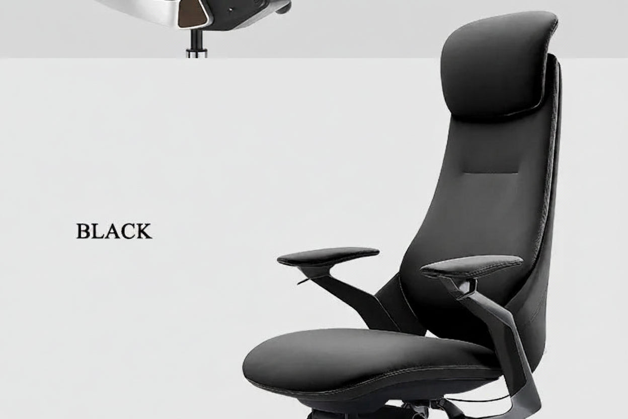 Black office chair with 'BLACK' text on a white background