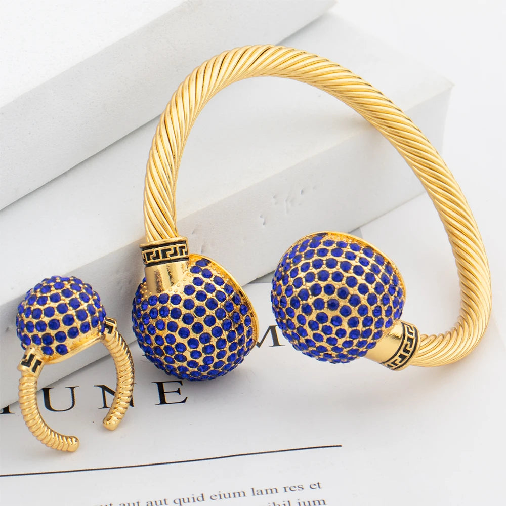 Gold Plated Jewelry Set Cuff Bangle Ring — Golden | KIMLUD