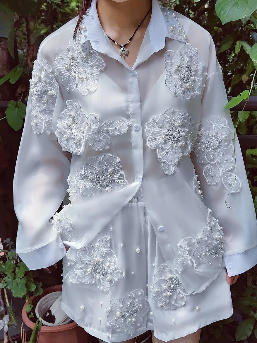 Two-Piece Set - Fairy 3D Flower Embroidery - Chiffon Silhouette | KIMLUD