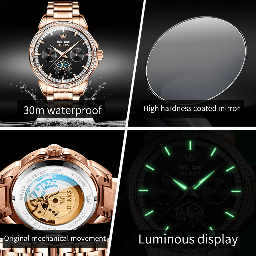 Rose-Gold Moon Phase Diamond Bezel Watch — Black | KIMLUD