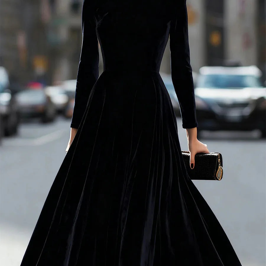 Velvet Dress Long Sleeve Round-Neck Midi — Navy | KIMLUD