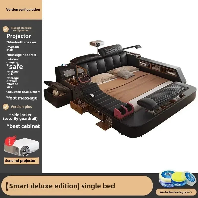 Genuine Leather Bed With Massager — Deep Charcoal Black | KIMLUD