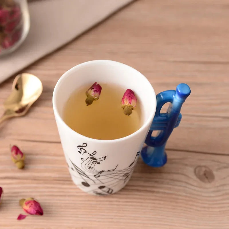 Bone China Mug With Music Note Motif And Delicate Guitar Handle — White | KIMLUD
