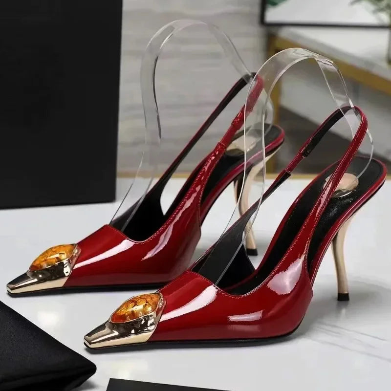 Metal Jewel Decoration Heels Pointed Toe Patent Leather — Black | KIMLUD