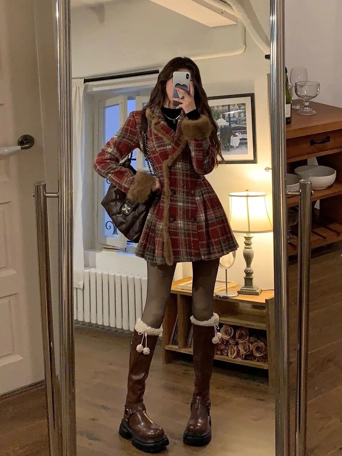 Coat – Double Breasted Plaid – Long Silhouette – Women | KIMLUD