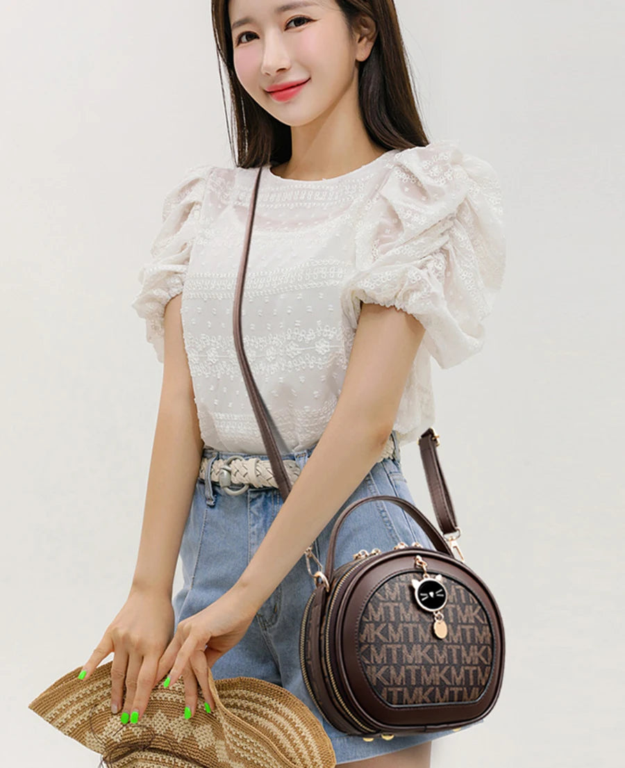 PU Leather Circular Crossbody Bag Sequined Letter — Off-White | KIMLUD
