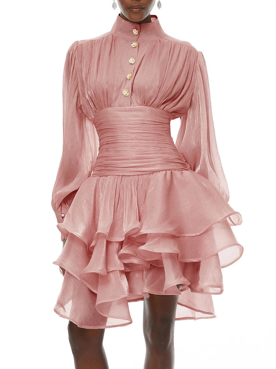 Elegant High Neck Organza Dresses Mini — Pink | KIMLUD