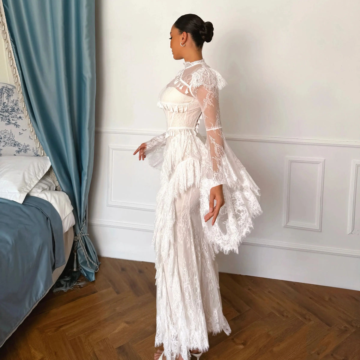 Maxi Dress – High Neck Lace Long Sleeve – Lace – White | KIMLUD