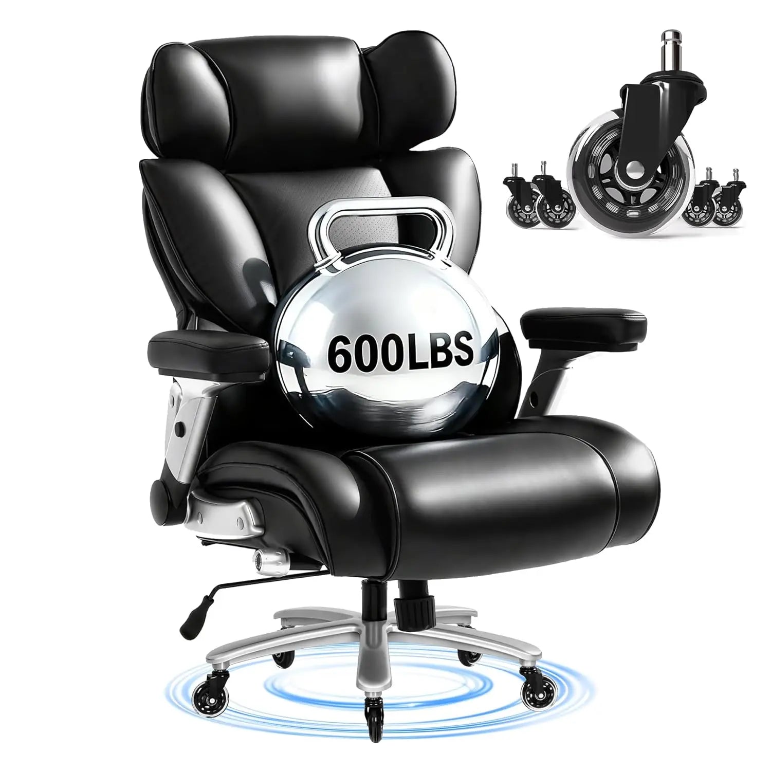 Leather and Steel Office Chair 600lbs Capacity with 2D Lumbar — Black | KIMLUD