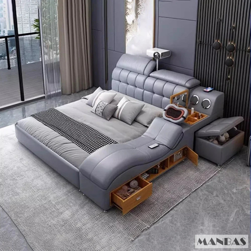 Genuine Leather King Size Bed With Massage — Pink | KIMLUD