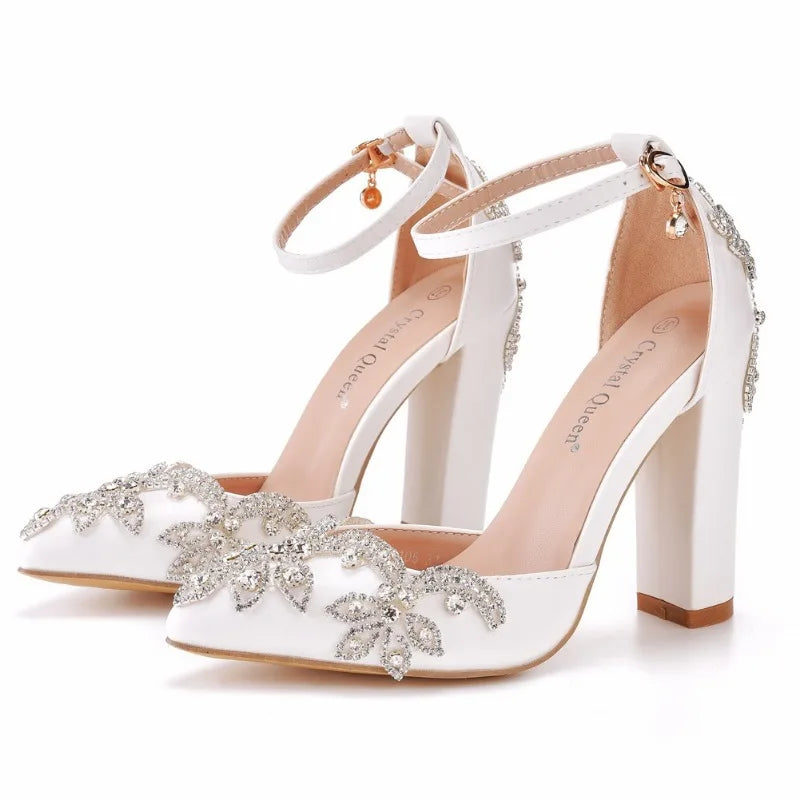 PU Sandals Rhinestone Flower Embellished Square Heel — White | KIMLUD
