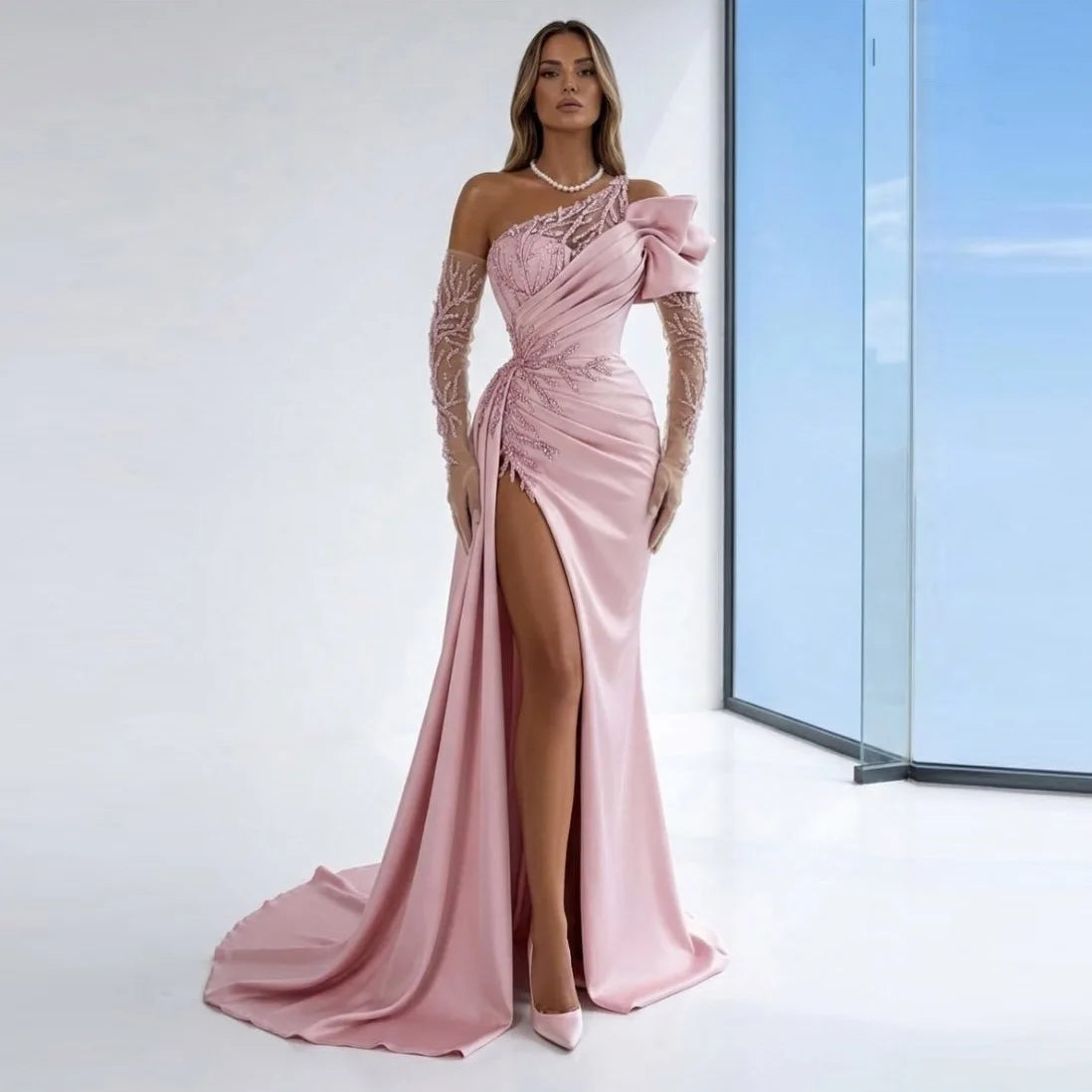 Pink Off Shoulder Mermaid Evening Dresses with Gloves Beading Gorgeous Prom Gowns Side Split Long Formal Dress Customized