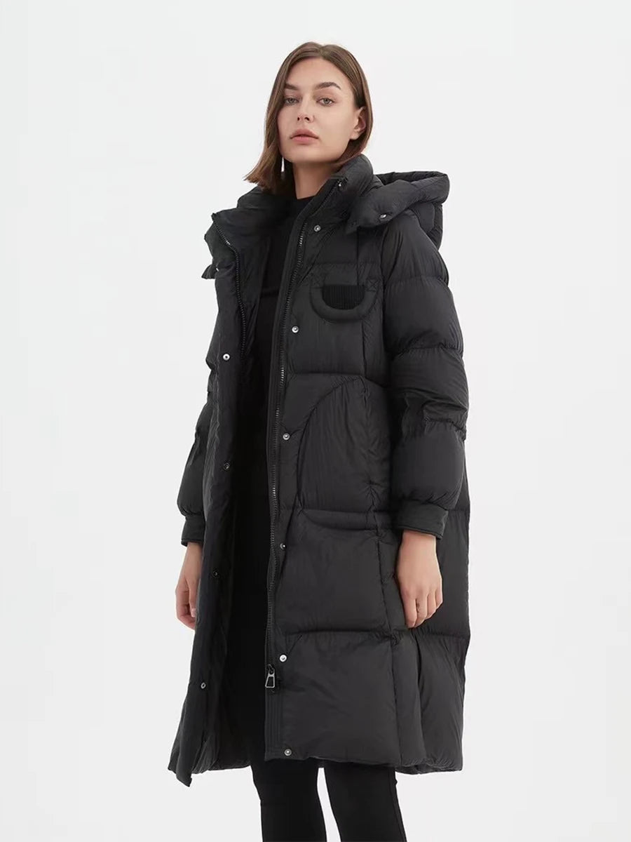 Hirsionsan Winter Long Solid Hooded Puffer Clothing Women Loose Casual White Duck Down Jackets Retro Streetwear Simple Warm Coat