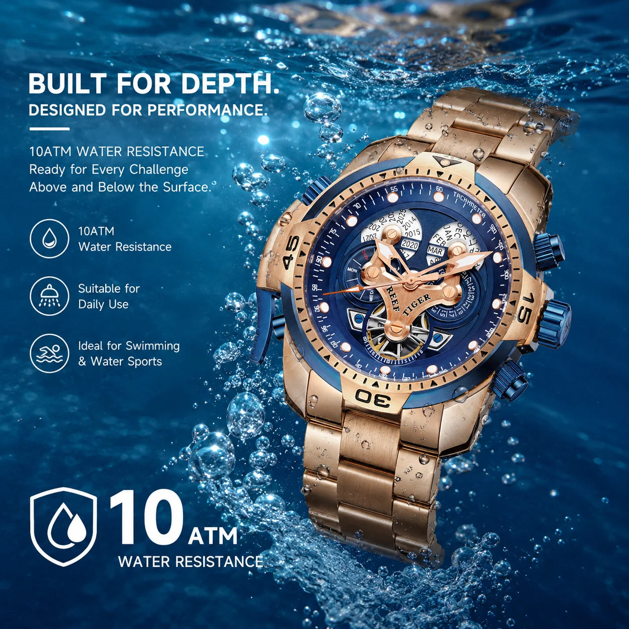 Reef Tiger Men's 46mm Automatic Mechanical Watch with Luminous Hands/Markers, Sapphire Crystal, and Year/Month/Day/Date Display