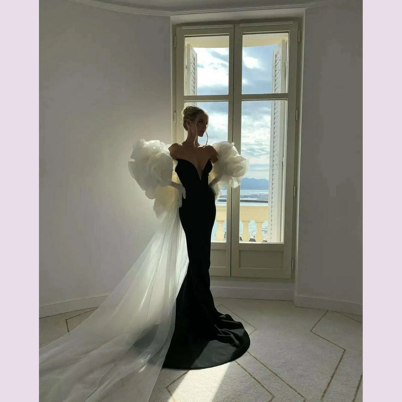 stunning-black-mermaid-evening-dresses-with-detachable-cape-train-tulle-ruffled-flower-chic-celebrity-gown-formal-occasion-dress-kimlud-kimlud-33912100