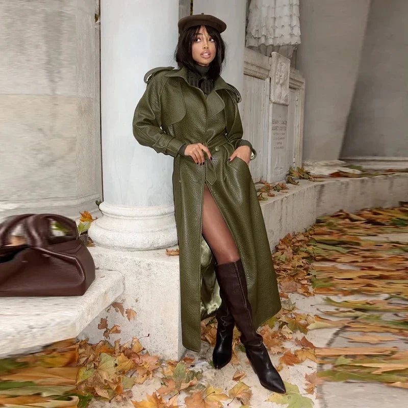 Y2k Street Long Leather Jacket Women Double Breasted Lapel Lace Up Female Coat 2025 Fashion Spring Full Sleeve Belt Lady Outwear