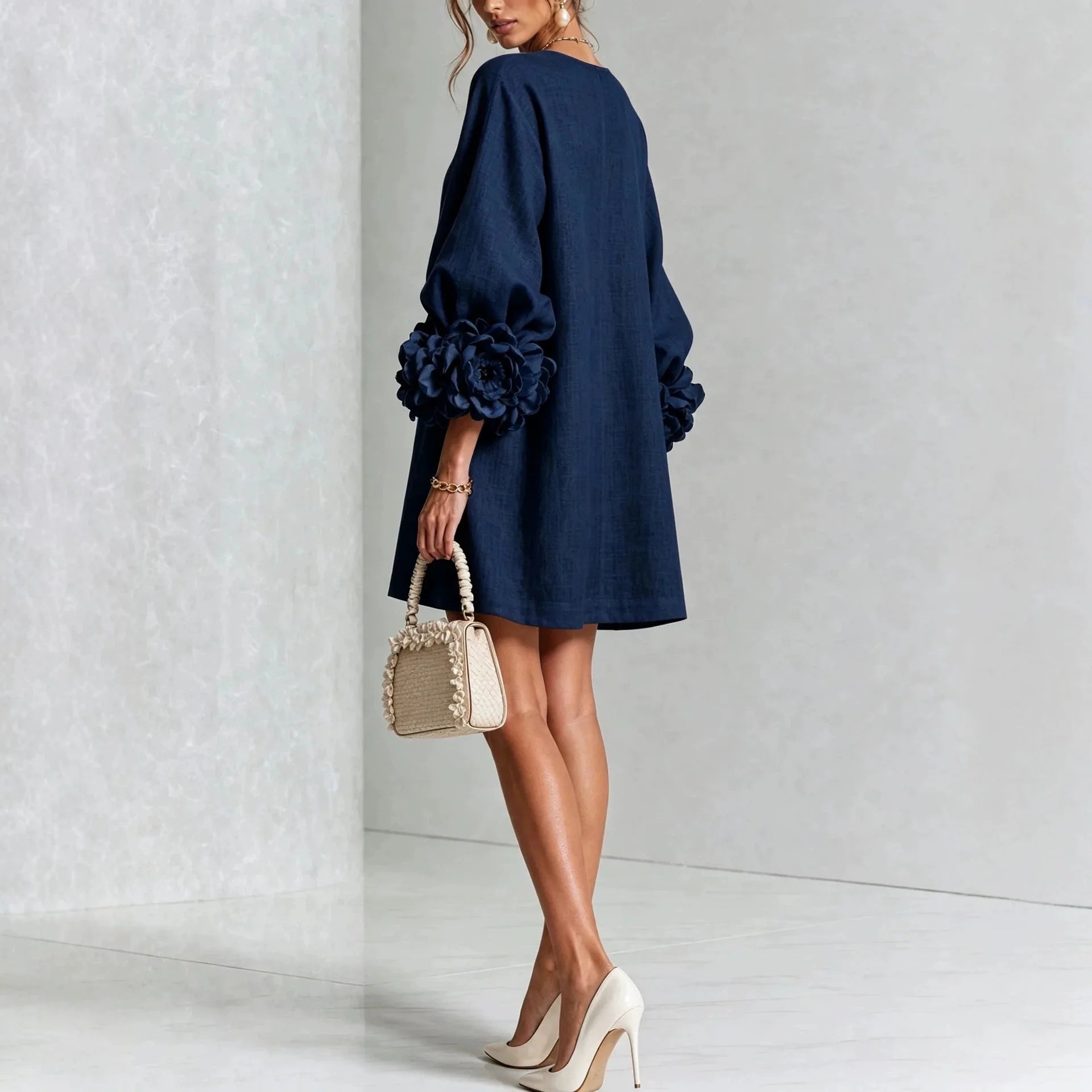 French-style Three-dimensional Flower Lantern Sleeve Cotton-linen Dress with a Round Neck, Single Button Closure, Loose Fit, and