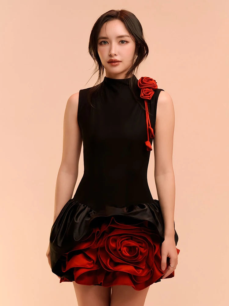 Ele Color Blo 3D Flower Svel Dr Birthday High Waist A-Line Slimming Dr French Sle Printed Summer Gown