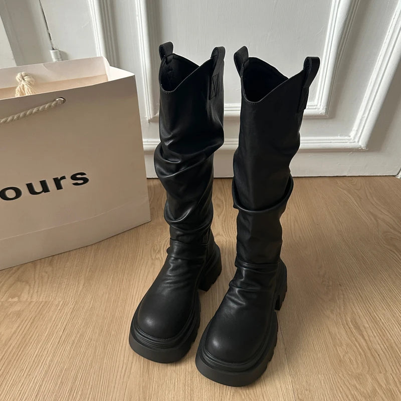 Autumn Winter Platform Thick Bottom Women Long Boots Fashion Slip On Shoes Vintage Ladies Knight Botas