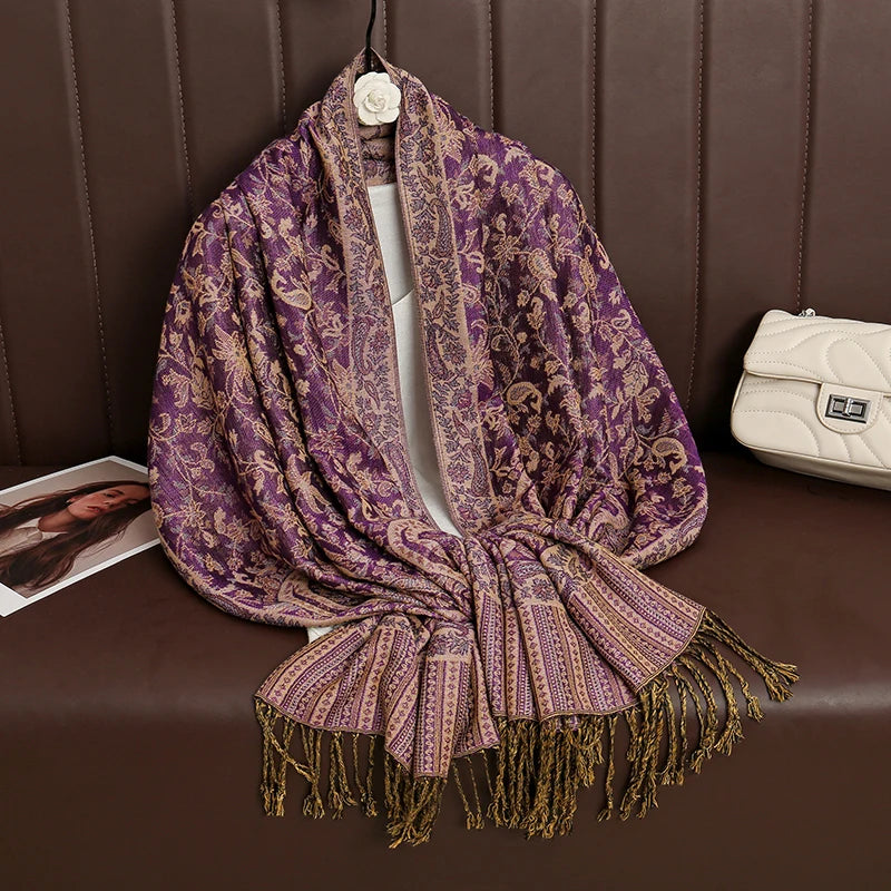 Cashmere Pashmina Shawl With Autumn Print Design, Olive Accents And Gold-Toned Fringe — Red | KIMLUD