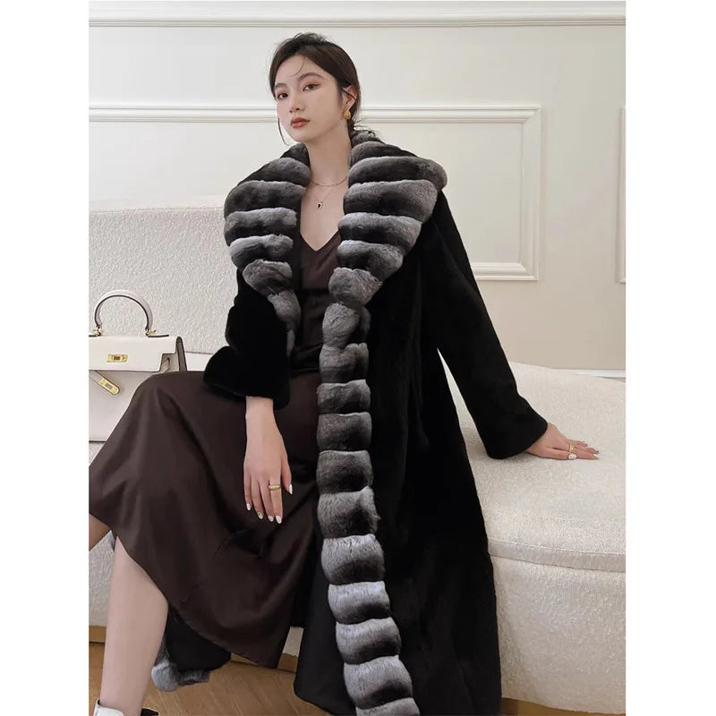 Long Faux Fur Coat Women Autumn Winter Large Jacket Overcoat White Turn Down Collar Pockets Thick Coat Warm Jackets Maxi Coats
