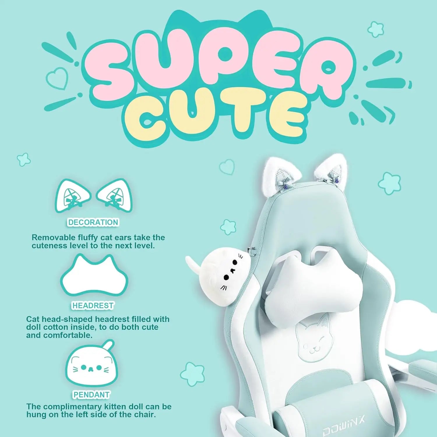 Cute Cat Ear Gaming Chair with Massage Lumbar Support, Ergonomic Reclining Computer Chair for Girls and Adults, Blue Green