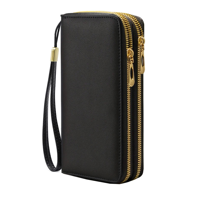 PU Leather RFID Anti-Theft Long Wallet Dual Zippers — Black | KIMLUD