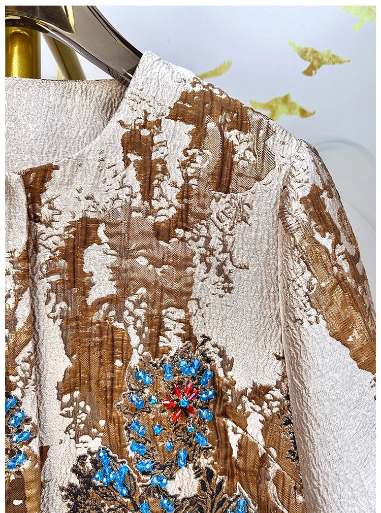 Luxury Jacquard Coat for Women Autumn Winter Vintage Gold Embroidery Beaded 3/4 Sleeve Loose Outerwear Elegant Retro Jacket