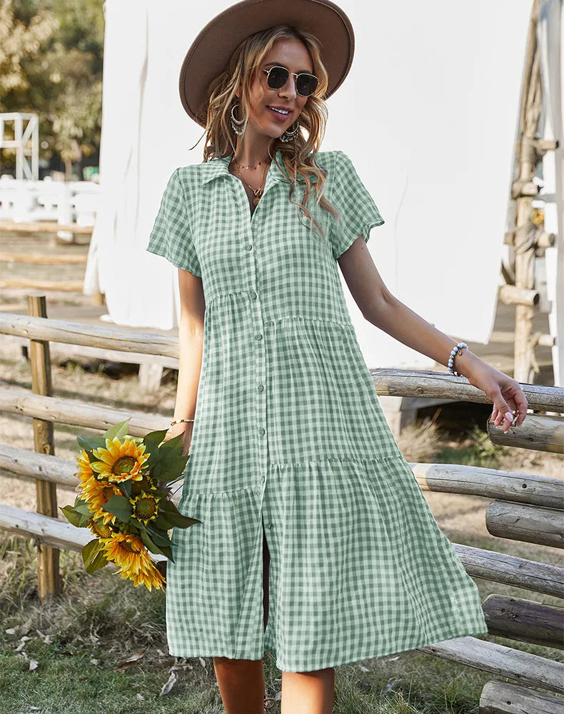 2026 Women's Checkered Short-Sleeve Shirtdress Single-breasted Button-down Short-sleeved Dress Casual Country-style Long Dress