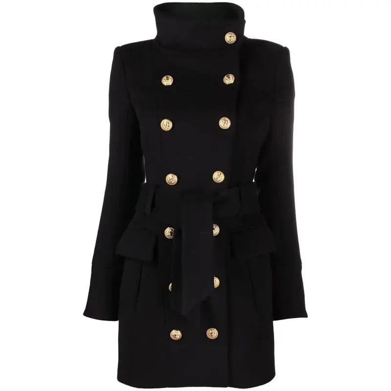 KIMLUD, Women New Winter Black Wool Coat Gold Double Breasted Long Sleeve Coat, KIMLUD Womens Clothes