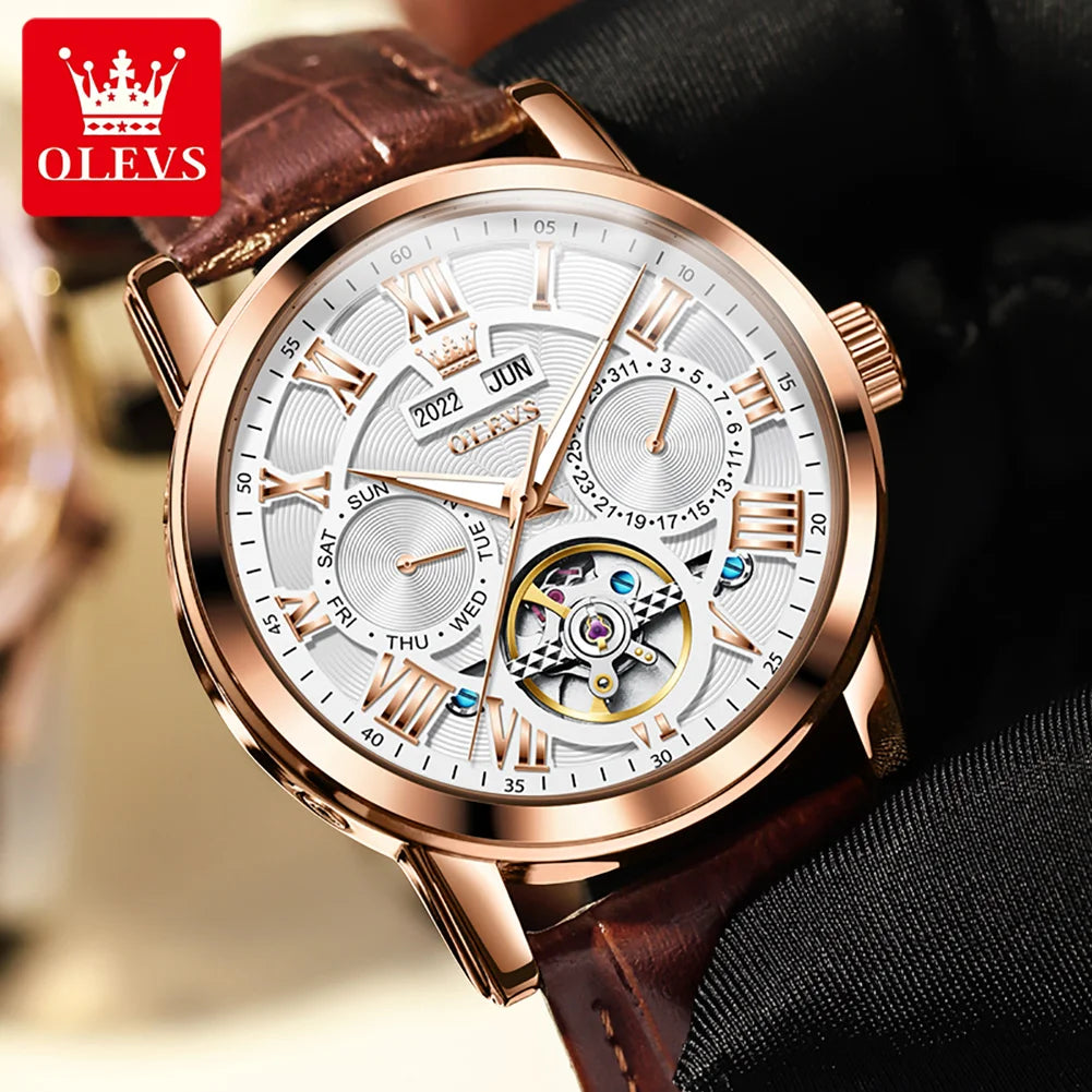 OLEVS Top Brand Automatic Watch for Men Chronograph Moon Phase Calendar Leather Strap Men's Quartz Watch Waterproof Wristwatch